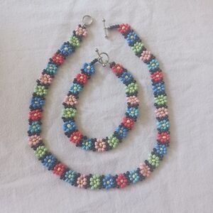 Womens Handmade beaded jewerly  Necklace choker and Bracelet floral multicolor